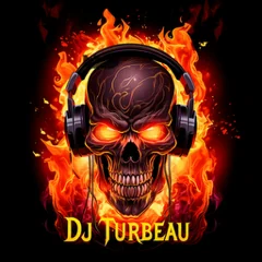 DJ Turbeau logo: a skull wearing headphones, surrounded by flames